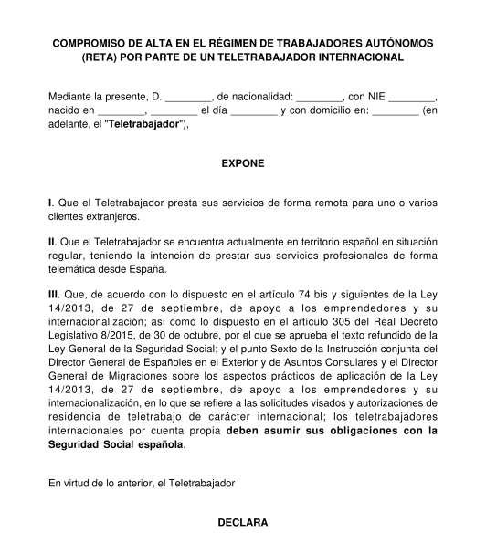 Declaración responsable de alta en la Seguridad Social de nómada digital