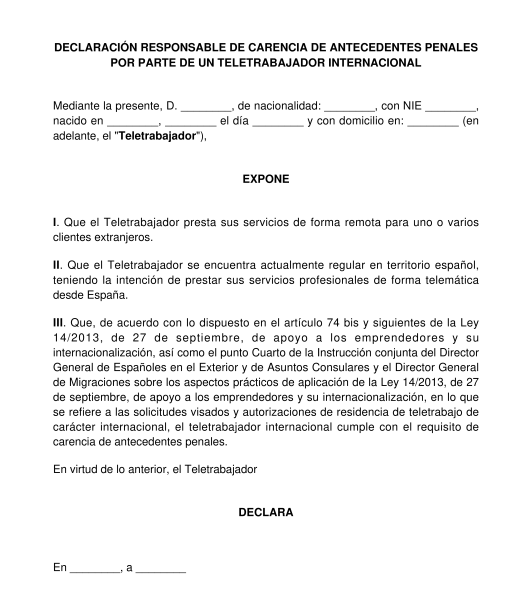 Declaración responsable de carencia de antecedentes penales de nómada digital