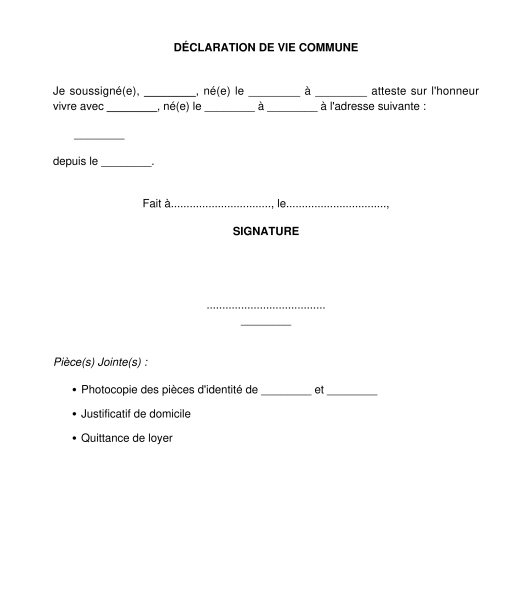 Déclaration de Vie Commune Modèle Word et PDF