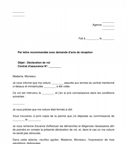 Déclaration de Vol de Voiture à l'Assurance Modèle et Lettre Type