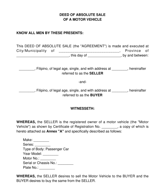 Deed of Absolute Sale of a Motor Vehicle