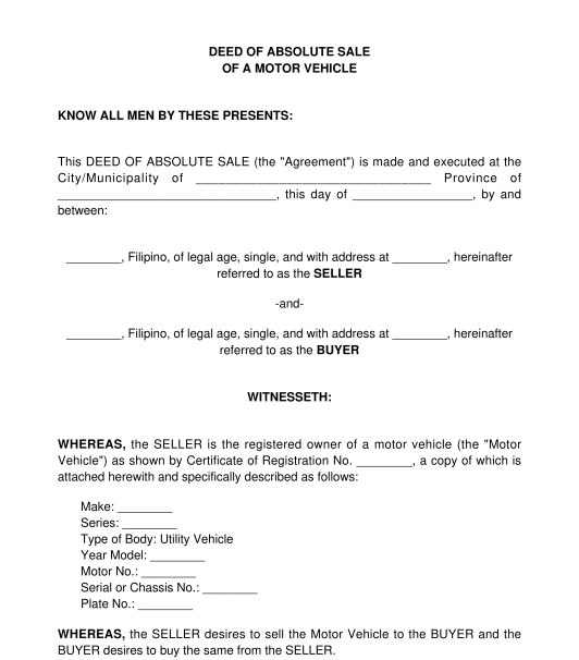 Deed of Absolute Sale of a Motor Vehicle