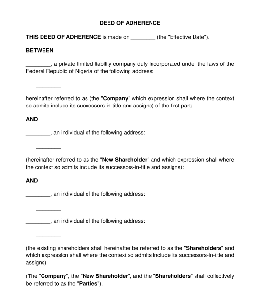 Deed of Adherence for Shareholders Agreement