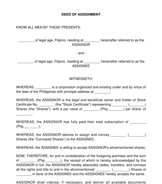 Deed of Assignment of Stock Subscription