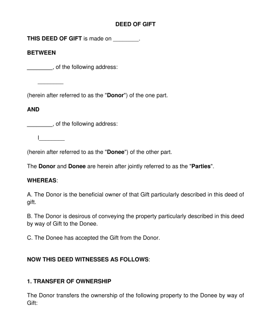 Deed of Gift - Sample Template to Fill out Word and PDF