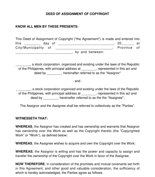 Deed of Assignment of Copyright