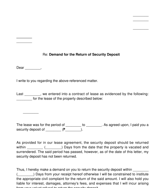 Demand Letter for Return of Security Deposit