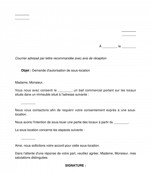 Lettre de demande d'autorisation de sous-location bail commercial