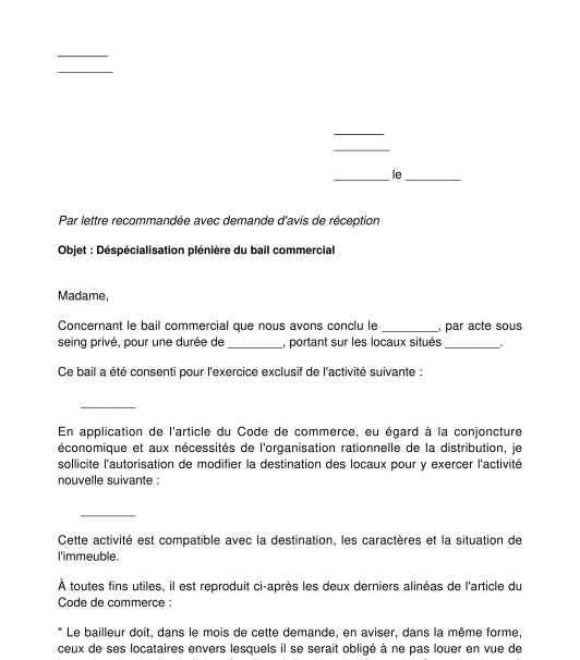 Lettre de demande de changement d'activité d'un bail commercial déspécialisation plénière