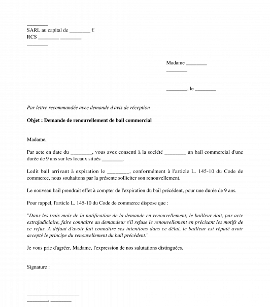 Lettre de demande de renouvellement de bail commercial par le locataire