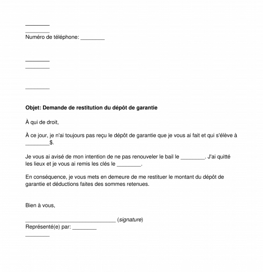 Demande de restitution de dépôt de garantie