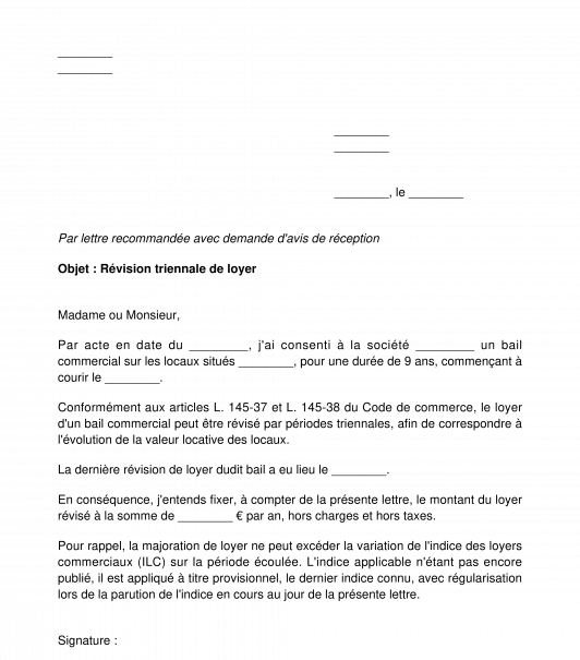 Lettre de demande de révision triennale du loyer d'un bail commercial par le bailleur