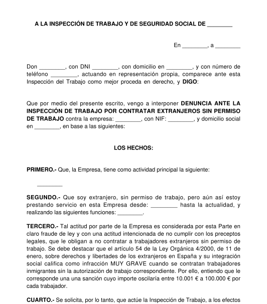 Denuncia a la Inspección de Trabajo y Seguridad Social