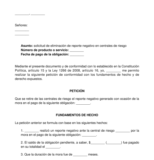 Derecho de petición para retiro de centrales de riesgo