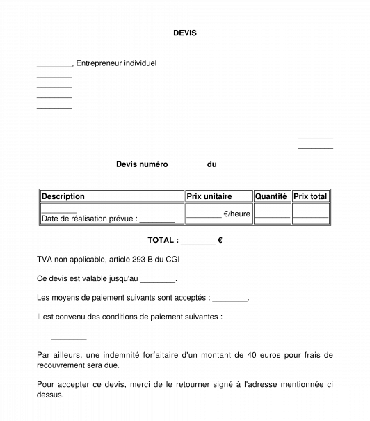 Devis pour micro-entrepreneur non assujetti à la TVA basé en France