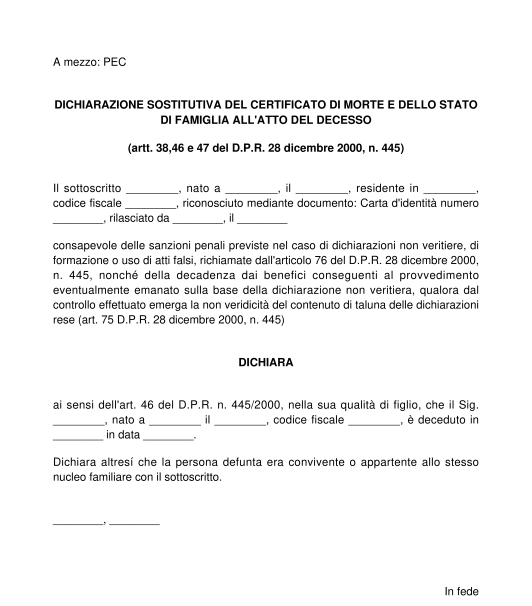 Dichiarazione sostitutiva di certificazione di morte e stato di famiglia