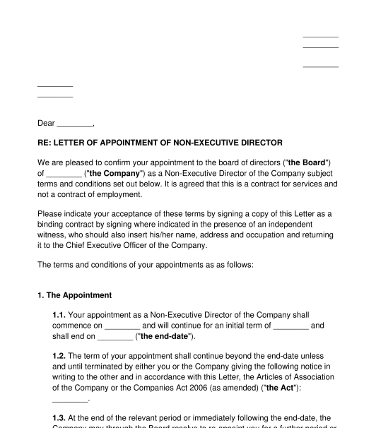 Non-Executive Director Appointment Letter