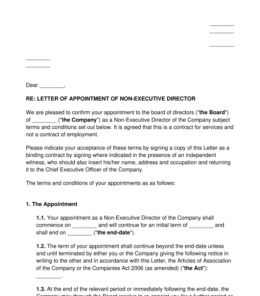 Non-Executive Director Appointment Letter - Template