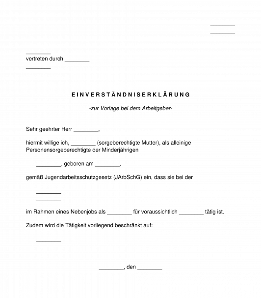 Einverständniserklärung zur Beschäftigung eines Kindes/Jugendlichen