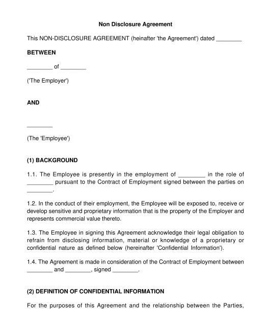 Employer to Employee Non Disclosure Agreement