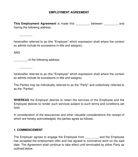 Employment Agreement Sample Template Word And Pdf