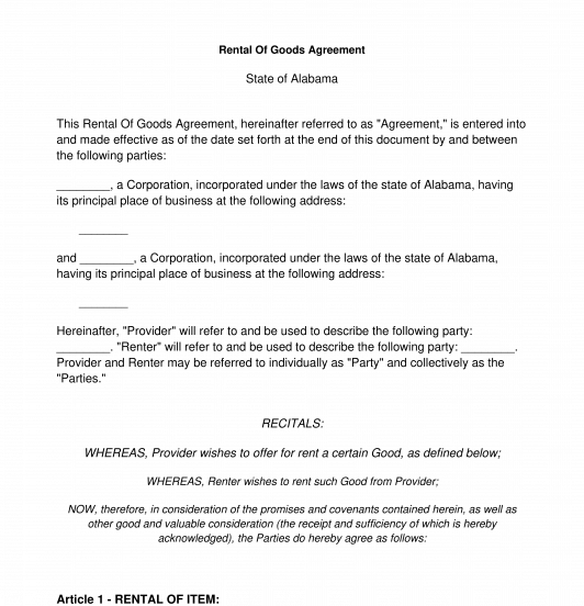 Rental of Goods Agreement