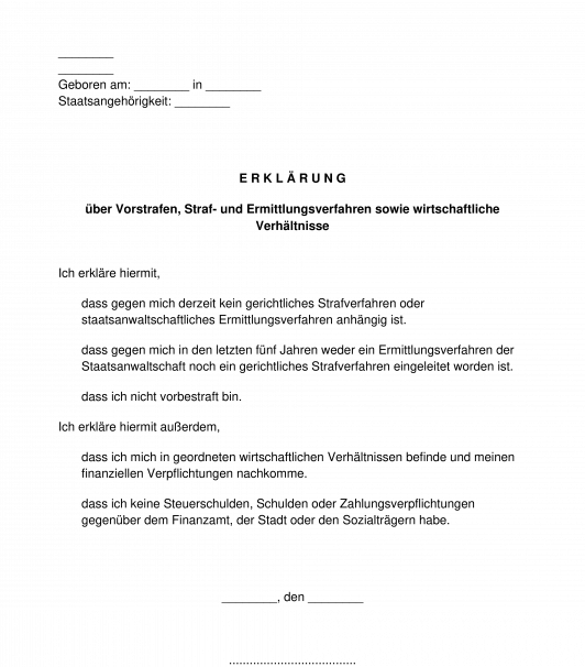 Erklärung über Straffreiheit und wirtschaftliche Verhältnisse
