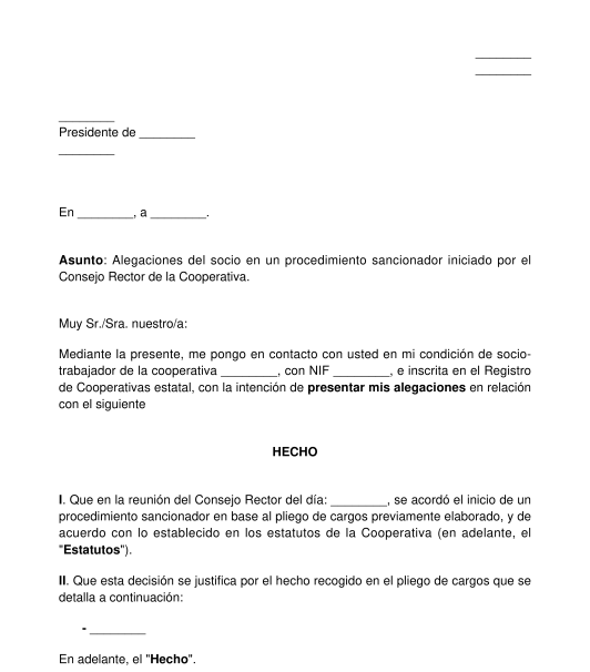 Escrito de alegaciones del socio de una cooperativa en un procedimiento sancionador