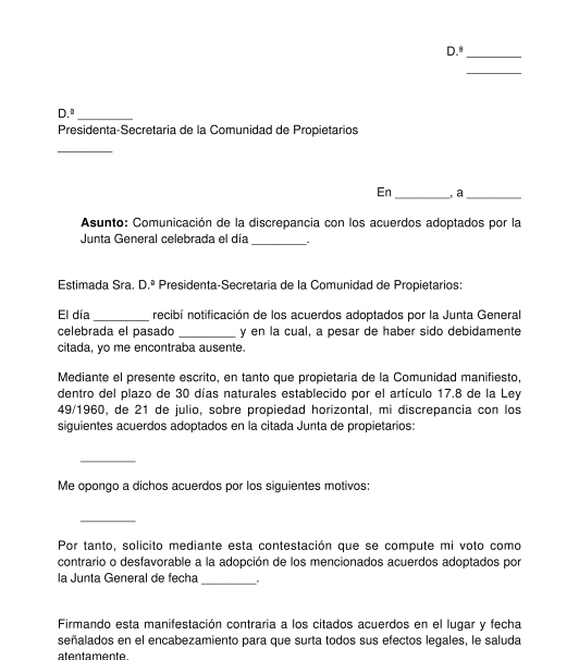 Escrito para manifestar la discrepancia con un acuerdo de la junta de propietarios