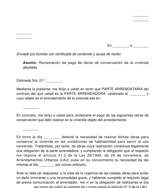 Escrito para Reclamar al Arrendador el Pago de las Obras 