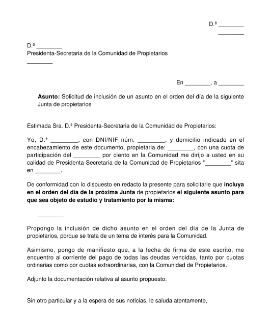 Escrito para solicitar la inclusión de un punto en el orden del día de la Junta de propietarios