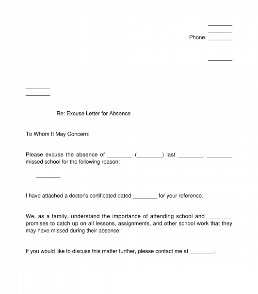 Excuse Letter for Absence or Tardiness