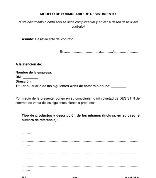 Formulario de Desistimiento - Modelo - Word y PDF