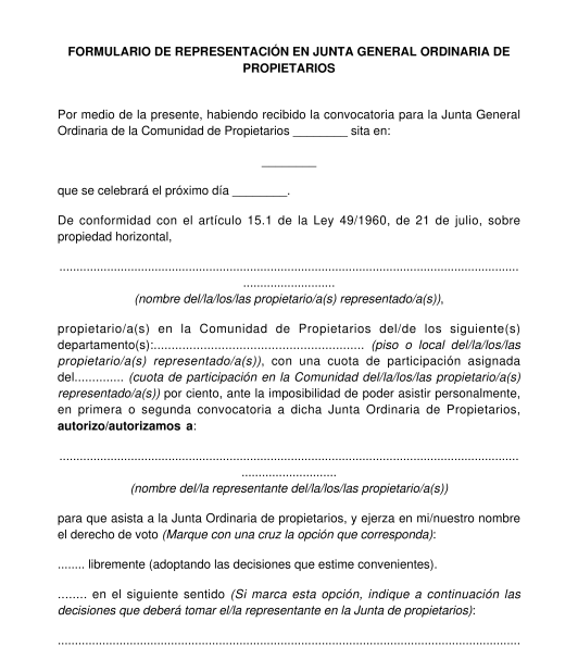 Formulario/Escrito de representación en junta de propietarios