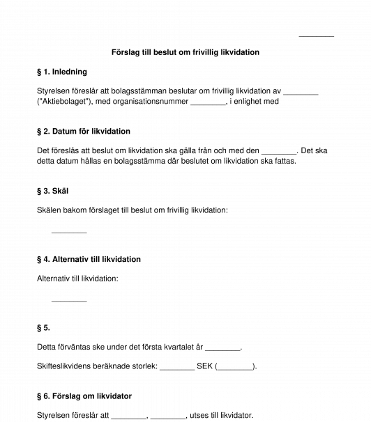 Förslag till beslut om frivillig likvidation aktiebolag