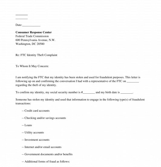FTC Identity Theft Complaint Letter