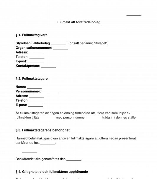 Fullmakt att företräda bolag