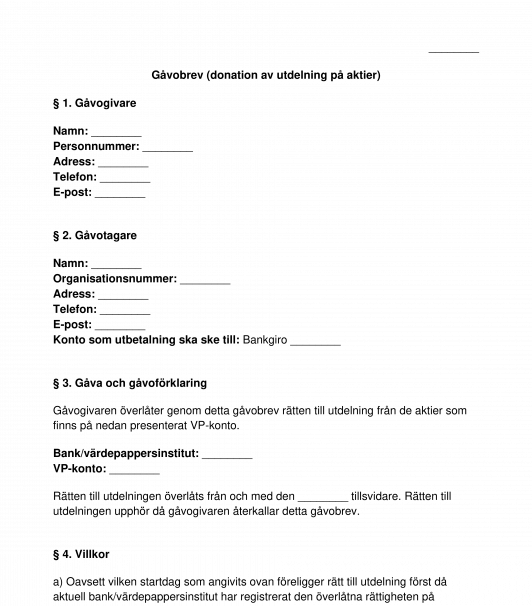 Gåvobrev donation av utdelning på aktier till välgörenhet