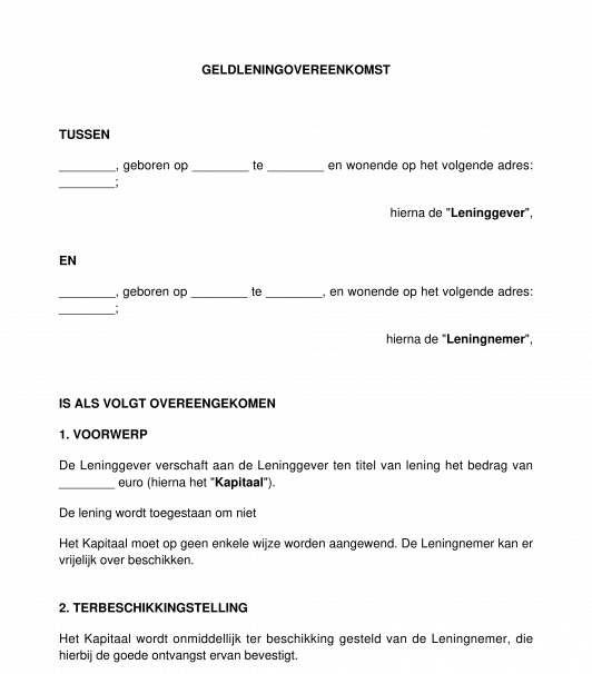 Geldleningovereenkomst tussen particulieren