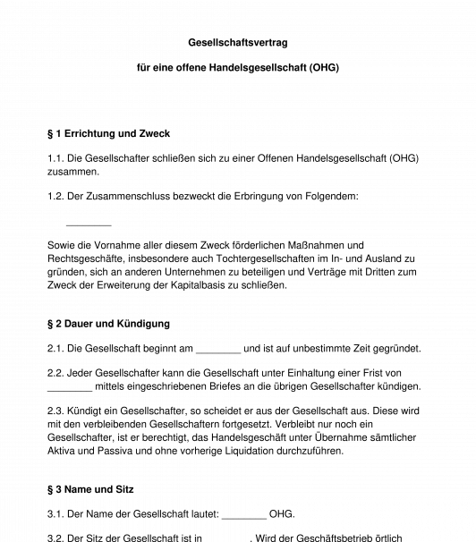 Gesellschaftsvertrag Ohg Offene Handelsgesellschaft