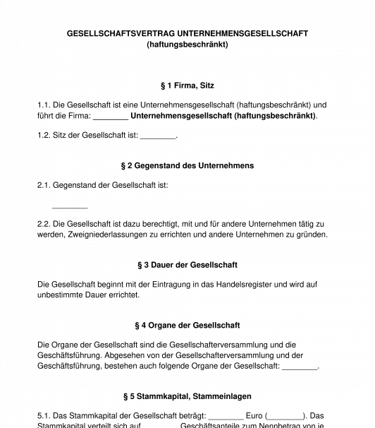 Gesellschaftsvertrag - Unternehmensgesellschaft haftungsbeschränkt
