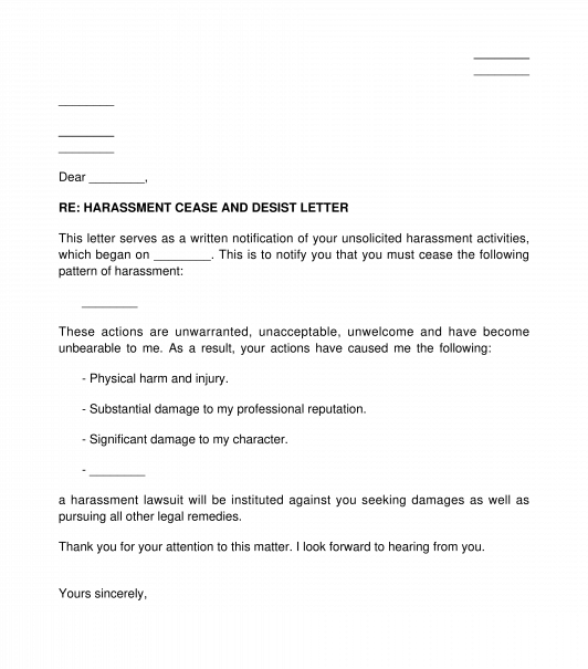 Harassment Cease and Desist Letter