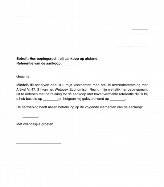 Herroepingsbrief van een aankoop op afstand