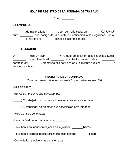 Hoja de registro de la jornada de trabajo