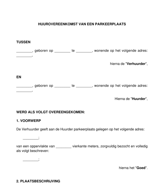 Huurovereenkomst voor een garage, box of parkeerplaats