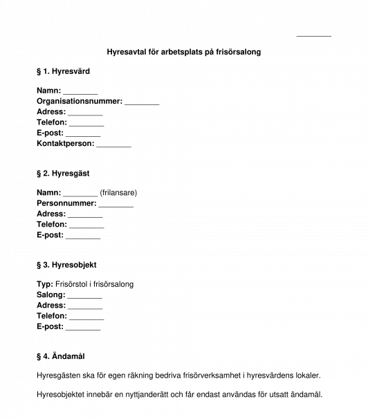 Hyresavtal för arbetsplats i skönhetssalong