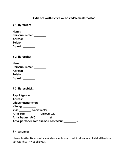 Hyresavtal - korttidshyra bostad/semesterboende