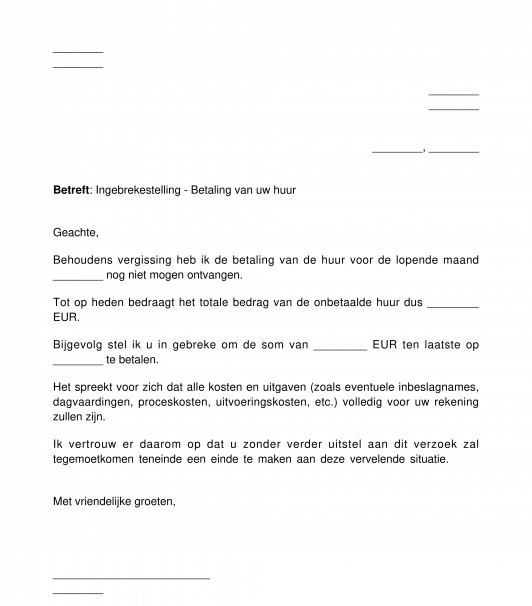 Ingebrekestelling voor onbetaalde huur
