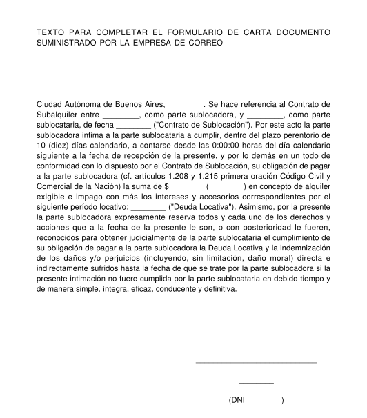 Intimación de Pago de Subalquiler Vencido