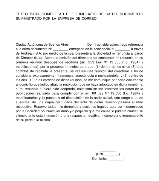 Intimación a Tratar Renuncia como Directivo de S.A. o S.A.S.